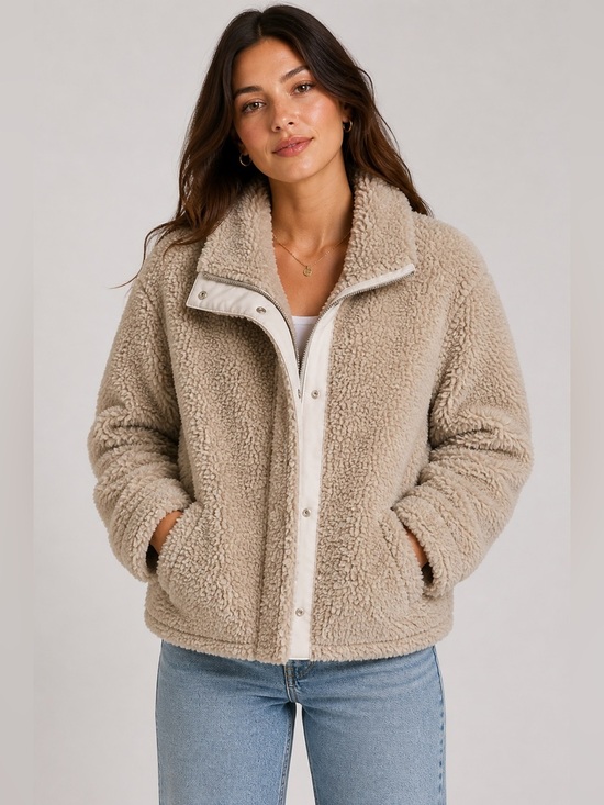 Jackets & Blazers - Cozy Sherpa Teddy Jacket Beige Zip Front Fleece Coat Women’s